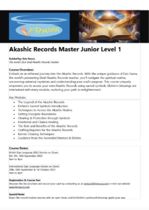 Akashic Records Master Junior Level 1 poster featuring course details and dates, presented by the world's first Deaf Akashic Records Teacher, Ezio Savva.